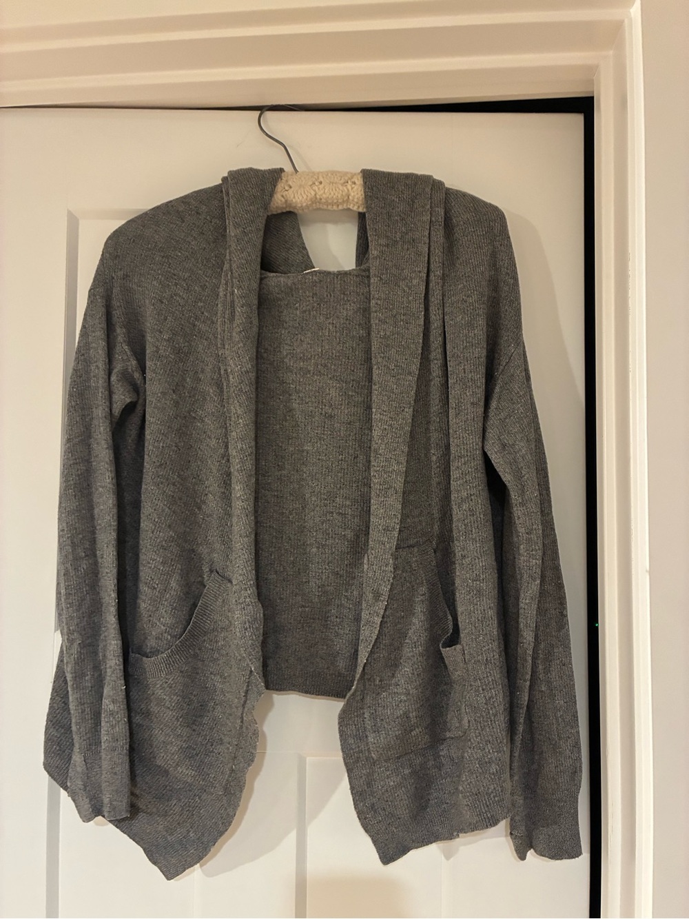 Lululemon grey lightweight cardigan open front hooded pockets fall minimalist m